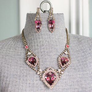 Vintage Pink Gems Clip on Earrings and Necklace